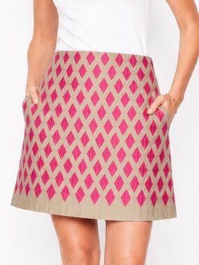 Boden Pink Diamond Embroidered A-Line Skirt Size 10 Tan Lined Cotton